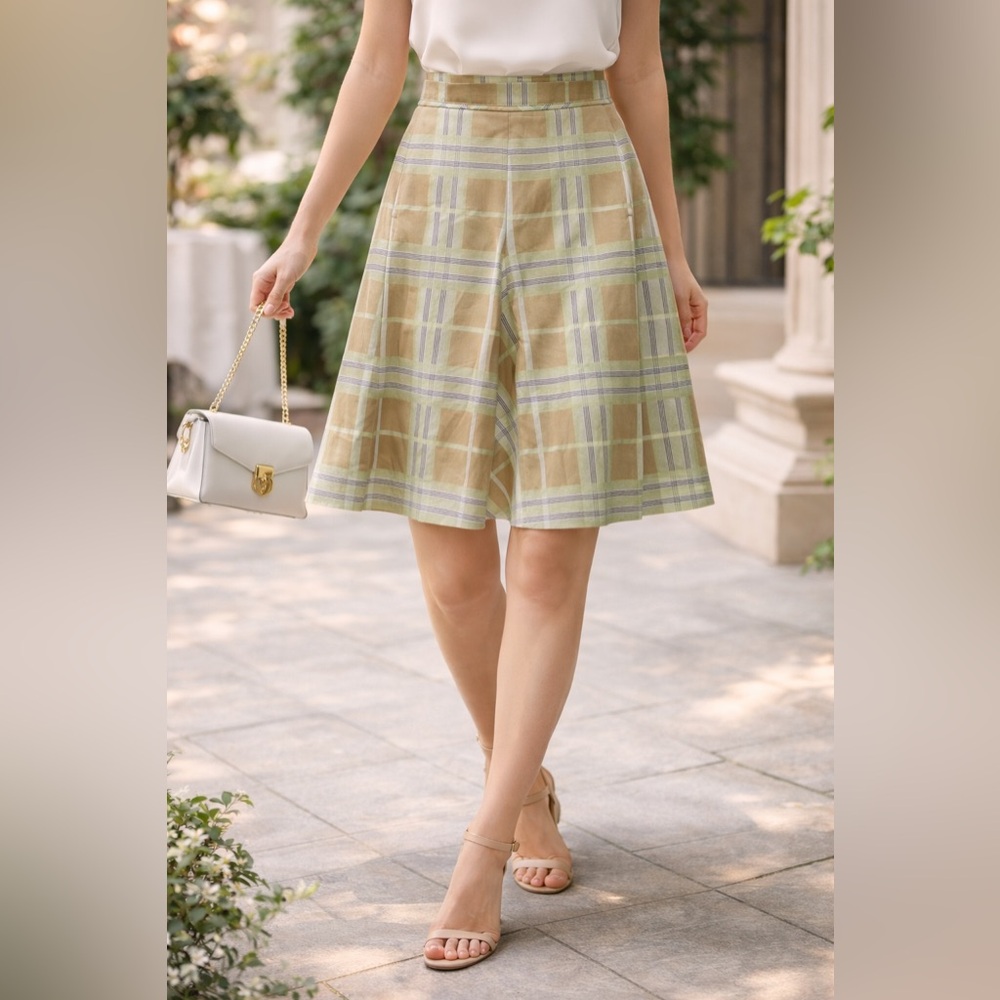 Burberry Plaid A-Line Skirt in Green and Tan